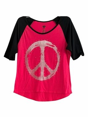 Hard Candy Y2K Pink Black Silver Metallic Peace Sign Rhinestone Tee XL